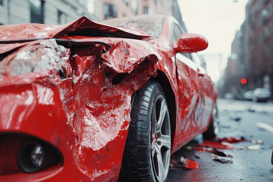 Close up of a damaged red car from a traffic accident on a city street in bright daylight