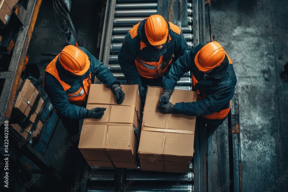 Poster three industrial workers in safety gear handling boxes on a conveyor belt in a factory setting with 