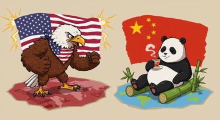 Fototapeta premium Eagle Vs Panda Cartoon Usa Vs China