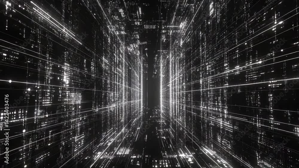 Poster abstract digital tunnel with glowing white lines, perfect for tech visualizations