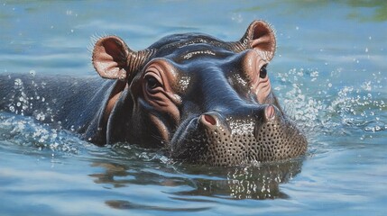 Fototapeta premium Hippopotamus swimming in water detailed painting wildlife art sun lake blue grey river color brown