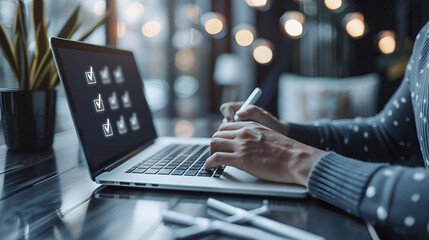 Business person using a stylus pen on a laptop screen displaying a user interface with icons and charts, analyzing data or working on a project in a modern office setting with bokeh lights.
