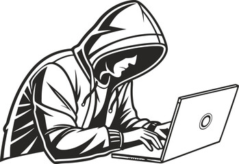 A Hooded Man Using Laptop in a Focused and Mysterious Mood