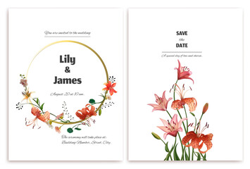 Tiger and pink lilies. Beautiful floral background. Floral pattern. Wreath of lilies and wildflowers. Green leaves. Wedding invitation. Bouquet. Postcard. Golden ring.