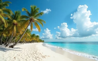Tropical Paradise Beach with White Sand, Crystal Clear Turquoise Water, and Tall Palm Trees under a Bright Blue Sky with Fluffy White Clouds, Ideal for Vacation and Nature Themes