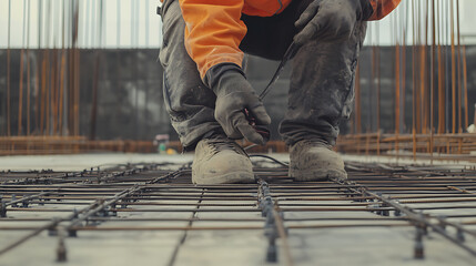 Construction Worker Tying Rebar on a Concrete Slab
