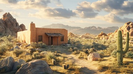 Adobe home in a desert landscape at golden hour.