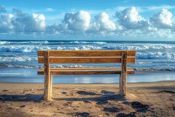 Scenic wooden bench overlooking beach and ocean waves in a serene coastal setting