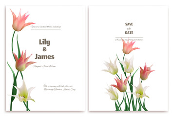Pink holly tulips. Invitation. Postcard. Beautiful flowers on a light background. Floral background. Vector illustration.