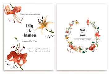 Tiger and white lilies. Beautiful floral background. Floral pattern. Wreath of lilies and wildflowers. Green leaves. Wedding invitation. Bouquet. Postcard.