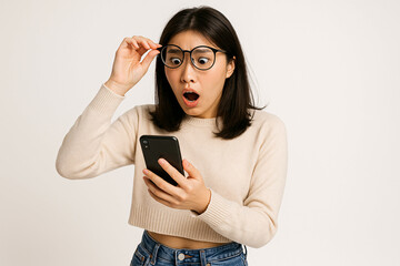 Shocked Woman Looking at Smartphone Screen with Glasses Lifted