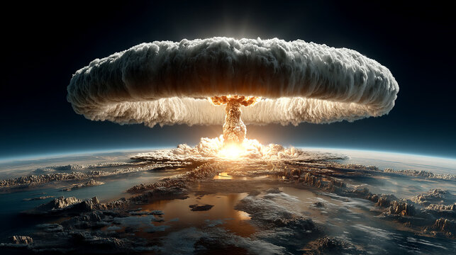 View from outer space of a massive nuclear explosion on Earth symbolizing global conflict irreversible destruction human vulnerability and the fragile balance between technology and survival