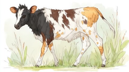 Colorful Calf Walking in Grassland  Farm Animal Illustration