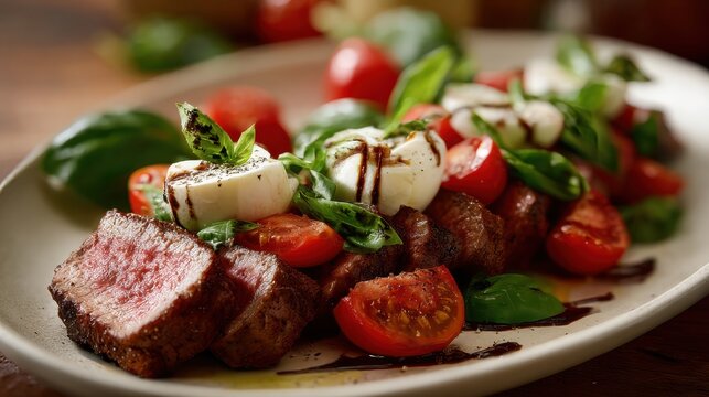 Savor the flavors of summer with this delectable steak and mozzarella salad.  Fresh basil, juicy tomatoes, and tender steak create a vibrant dish.