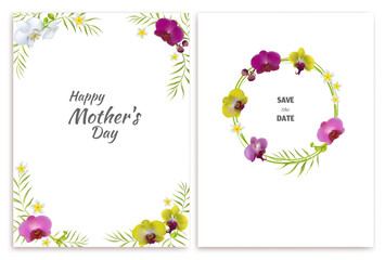 Tropical flowers. Orchids. Mother's Day, Congratulations. Plumeria. Frangipani. Beautiful floral pattern on a white background. Postcard. Green palm leaves.