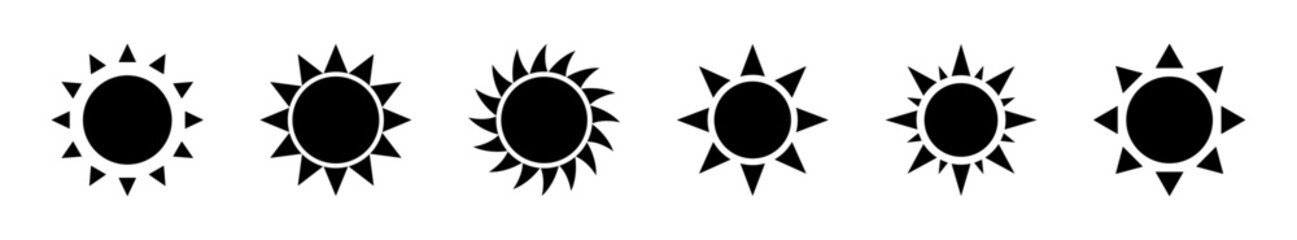 Set of six black sun icons in flat vector style with unique rays. Ideal for weather apps, dark mode UI, summer graphics, and infographics. Isolated on white background.