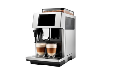 A modern espresso machine with two glasses of latte standing on the drip tray in a transparent background png
