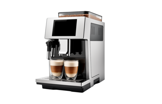 A modern espresso machine with two glasses of latte standing on the drip tray in a transparent background png