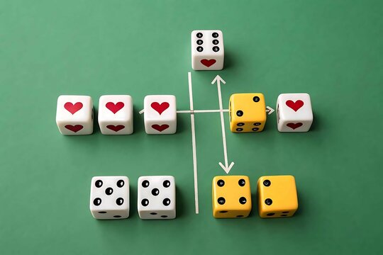 Dice game puzzle with arrows, hearts, diamonds, and dots on a green surface