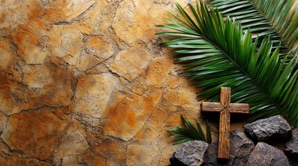 Lent Season, Holy Week and Good Friday Imagery Palm Leaves and Cross on Textured Stone Background