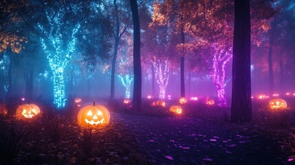 Spooky, vibrant forest path lit by glowing jack-o'-lanterns and colorful lights.
