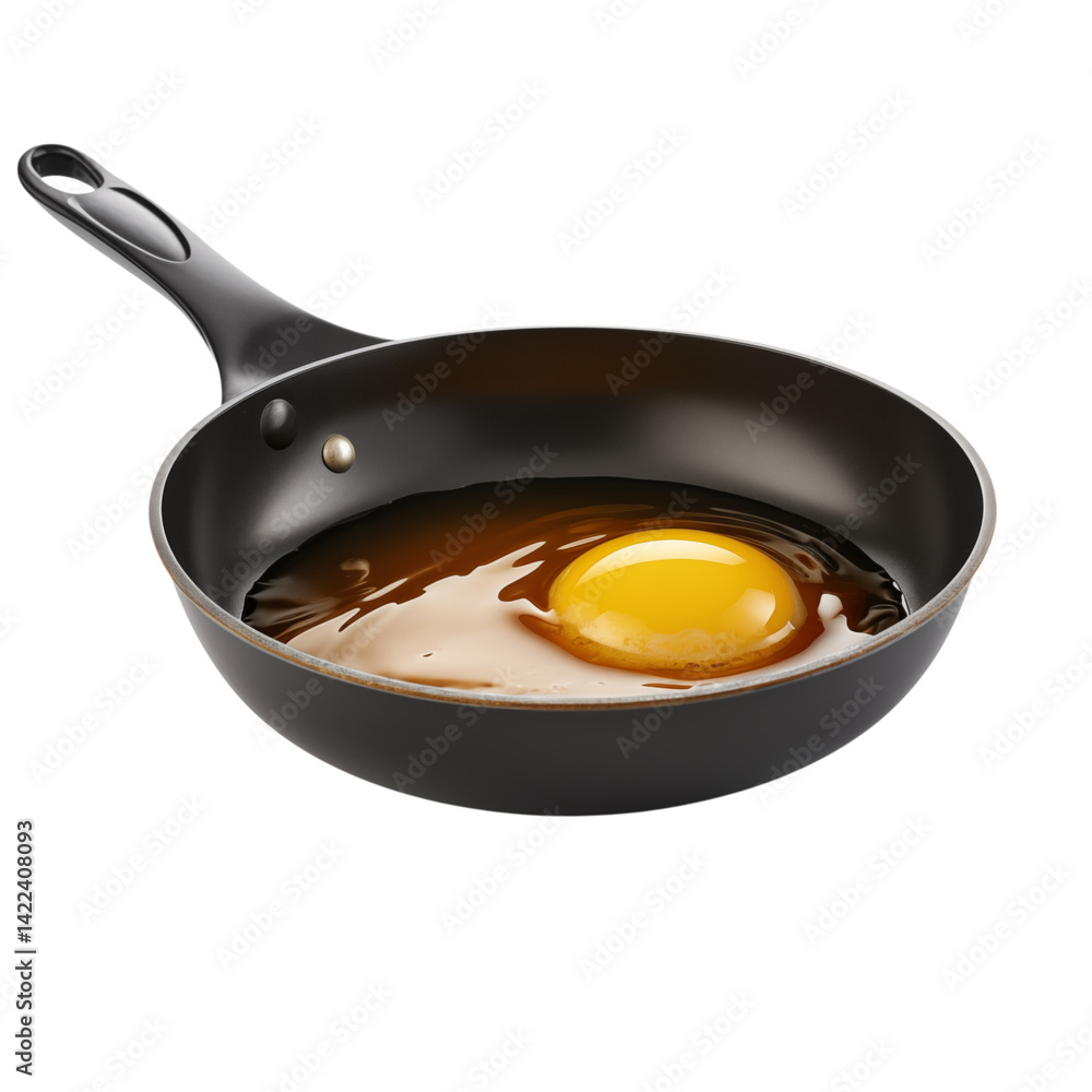Poster a single egg frying in a nonstick pan with a black handle on a transparent background in a studio sh