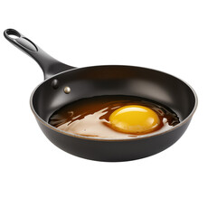 A single egg frying in a nonstick pan with a black handle on a transparent background in a studio shot png