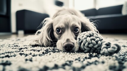 Playful Puppy Biting Toy While Lying on Cozy Rug at Home