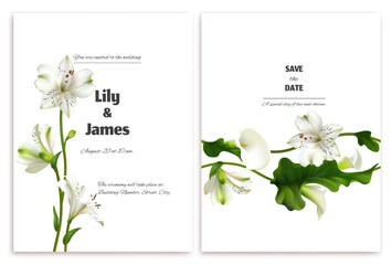 Flowers. Wedding invitation. Wreath of tropical flowers. Calla. White lilies. Green leaves. Floral background. Postcard.