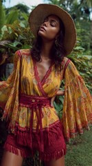 In a lush tropical garden, a confident model showcases a vibrant bohemian ensemble, featuring billowy sleeves and intricate patterns. Sunlight filters through the greenery, enhancing the rich colors