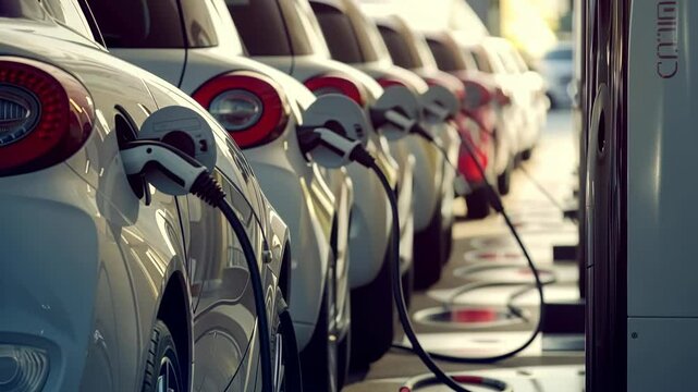A row of identical white electric vehicles are plugged into charging stations, indicating a shift towards sustainable transportation. The cars are neatly aligned, highlighting the infrastructure.