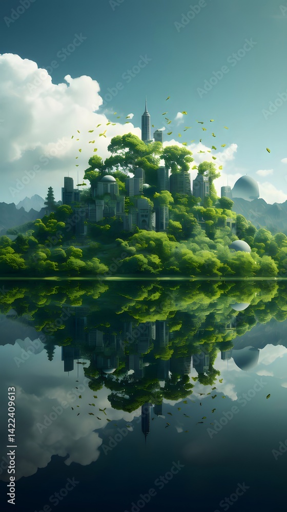 Poster 緑豊かな都市が水面に映る自然風景 青い空と白い雲が背景の昼の穏やかな光景