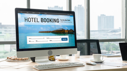 Online hotel accommodation booking website provide modish reservation system . Travel technology concept .
