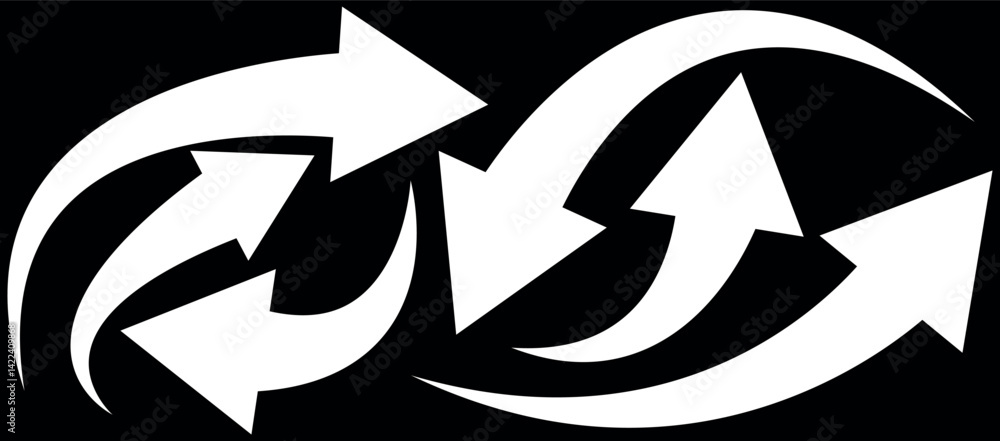 Poster set of white curve arrows isolated on black background. curve arrow illustration.curved arrows, hand