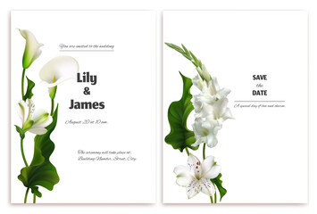 Flowers. Wedding invitation. Wreath of tropical flowers. Calla. White lilies. Green leaves. Floral background. Postcard.
