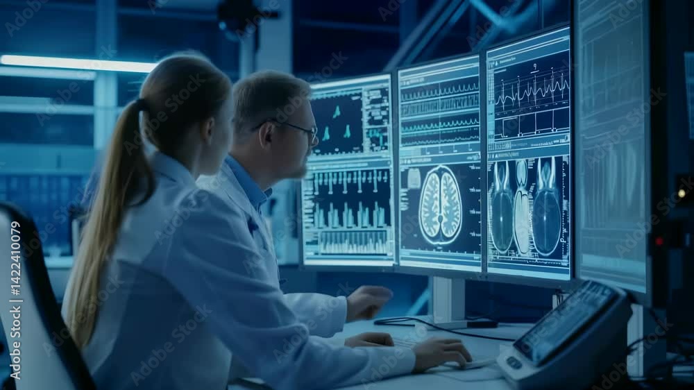 Poster Two medical researchers in lab coats intently studying detailed brain scans and complex data displays on several monitors, focused on patient diagnosis and advancing scientific research. 