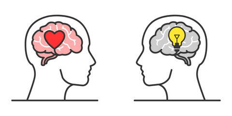 Brain icon set. Human head with heart and bulb icon icon, Brain health, neurology, physiology vector illustration.
