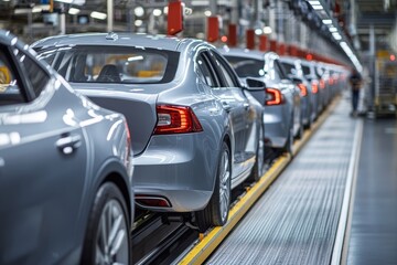 Modern car factory production line showcasing silver aluminum and plastic vehicles in natural light