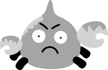 A cartoonish, gray crab with a frowning expression, featuring large eyes and distinctive claws, giving off a comical yet grumpy vibe.