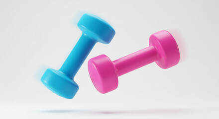 A dynamic composition featuring two dumbbells – one in a striking electric blue and the other in a hot pink – suspended in mid-air against a stark white backdrop.