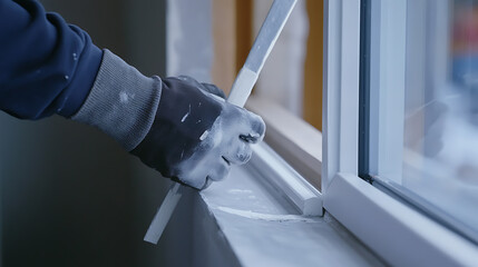 Hand in Glove Applying Sealant to Window Frame