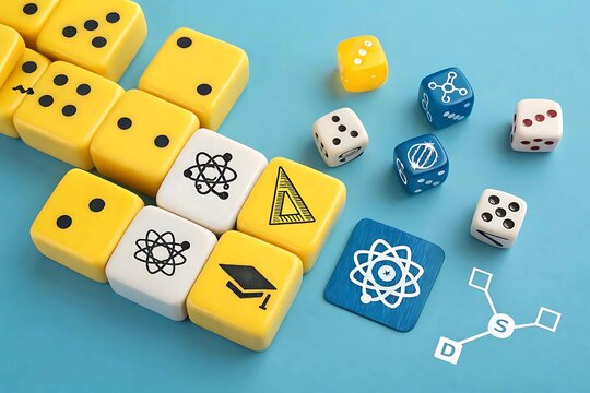 Educational tools featuring dice, tokens, and illustrations representing learning concepts and creativity