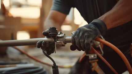 Worker Using Pneumatic Tool in Industrial Setting
