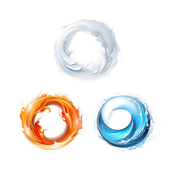 Three elemental rings of fire water and air arranged in a triangular formation on transparent background png