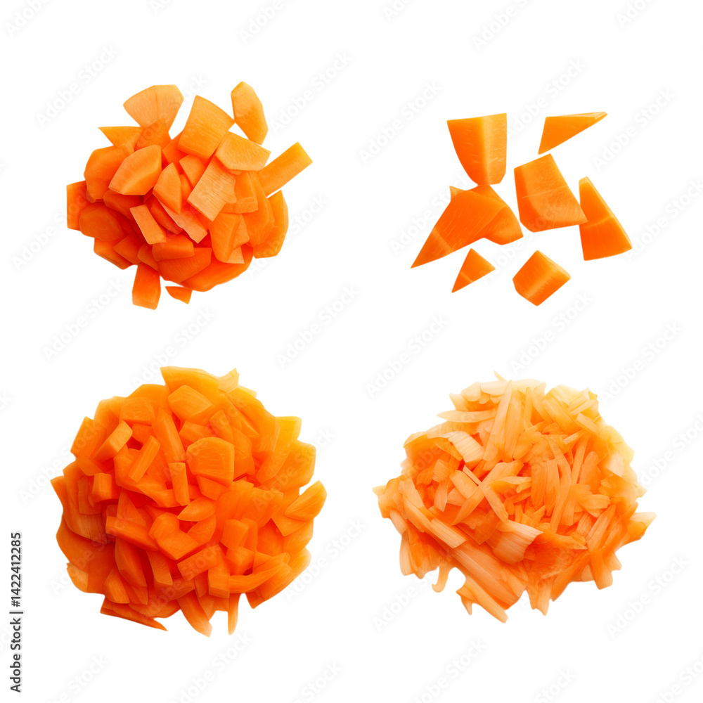 Poster four piles of carrots prepared in different ways on a transparent background from above view png