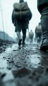Figures trudge through mud, boots reflecting the overcast sky. A path of resilience and determination.
