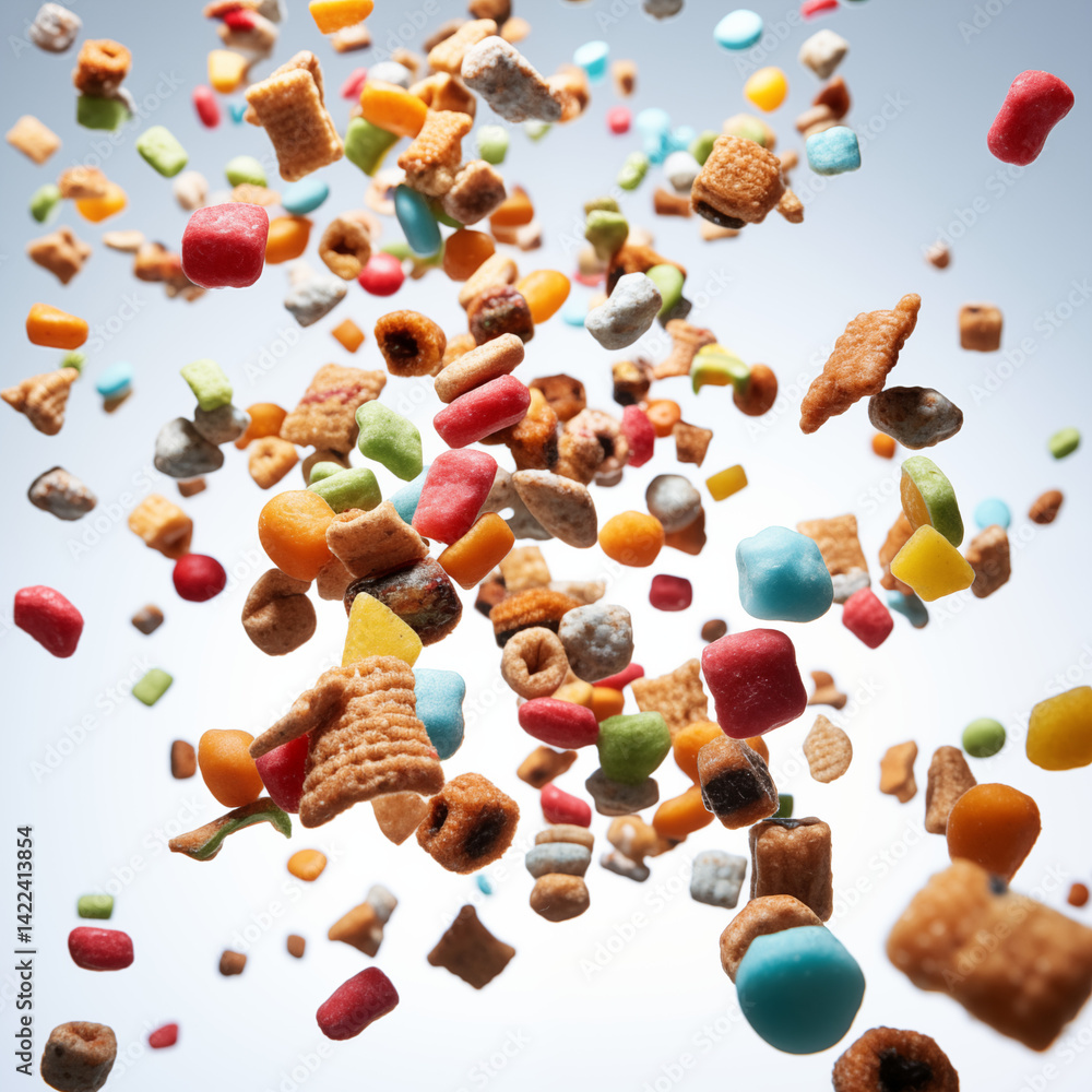 Poster assorted colorful cereal pieces and marshmallows floating in mid air on a light background