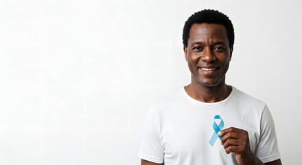 Prostate cancer awareness african american man with blue ribbon for health and support campaign month