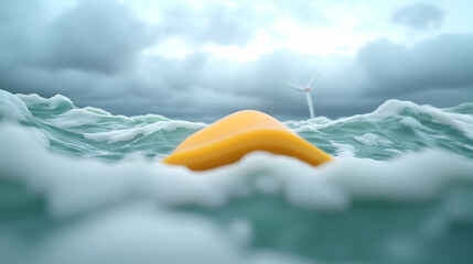 Yellow Buoy in Stormy Sea Near Offshore Wind Turbine