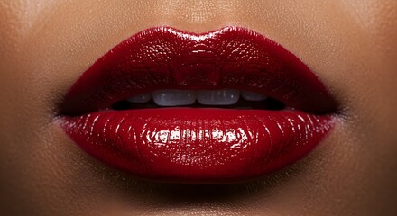 Fototapeta premium Red lipstick close up beauty makeup glossy lips fashion style cosmetic product glamour smile teeth